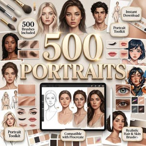 May include: Digital art supplies for portrait creation. The image features the text "500 Portraits" and "500 Brushes Included". It includes examples of portraits, brushes, skin and hair textures, and a tablet with portrait examples. The product is compatible with Procreate.