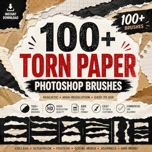 May include: A digital collection of 100+ torn paper Photoshop brushes featuring black, red, and white text on a layered paper background. The graphic includes icons for high resolution, ABR file format, and commercial use, with sample torn paper strips displayed at the bottom.