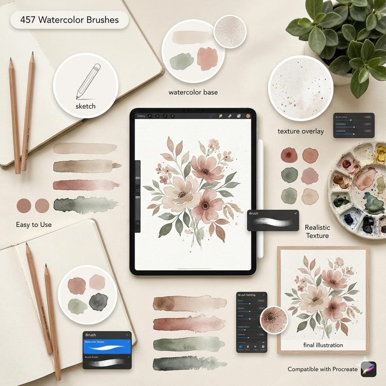 May include: An overhead shot showcases digital art supplies. A tablet displays a floral illustration, surrounded by paint swatches, a palette, and pencils. Text reads "457 Watercolor Brushes", "Easy to Use", and "Compatible with Procreate".