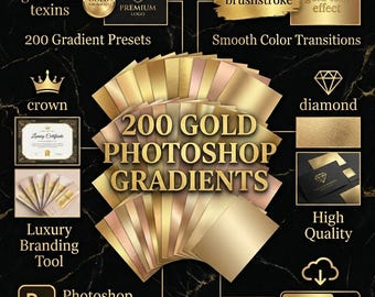 Puede incluir: Una colección de 200 degradados de Photoshop dorados mostrados como láminas metálicas superpuestas en varios tonos de oro, oro rosa y bronce. La imagen incluye etiquetas de texto como 200 GOLD PHOTOSHOP GRADIENTS, gold-foil texins, brushstroke, crown, diamond, luxury branding tool y Photoshop compatible.