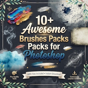 May include: A digital graphic featuring the text 10+ Awesome Brushes Packs Packs for Photoshop. The design includes colourful paint strokes, watercolour textures, smoke effects, a geometric line drawing, and a decorative leaf border.