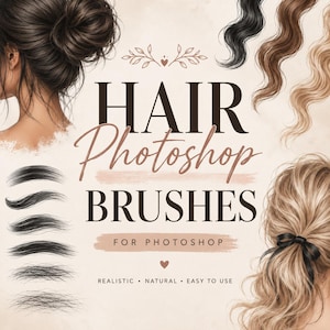 May include: Digital graphic asset set titled HAIR Photoshop BRUSHES FOR PHOTOSHOP. The image displays various hair textures, including a dark brown bun, wavy strands in black, brown, and blonde, and a blonde ponytail with a black ribbon.
