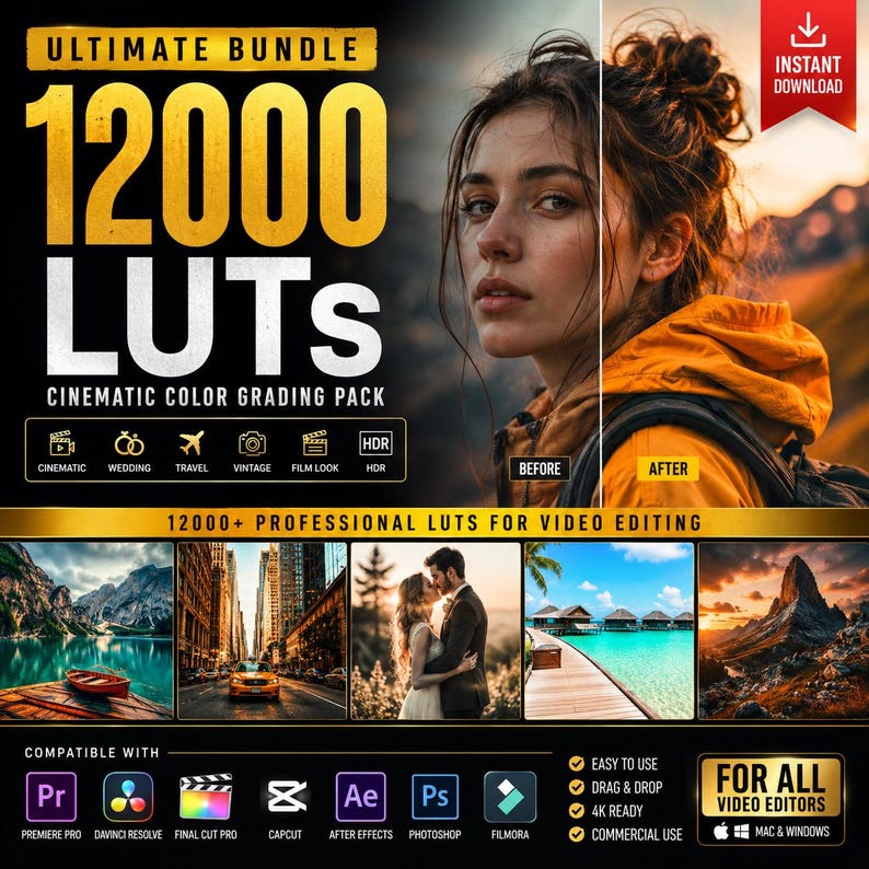 May include: A digital product bundle advertisement featuring the text "ULTIMATE BUNDLE 12000 LUTS CINEMATIC COLOR GRADING PACK." The image shows a woman with a before and after color grading comparison. Compatible with Premiere Pro, DaVinci Resolve, Final Cut Pro, CapCut, After Effects, Photoshop, and Filmora.