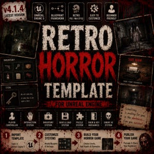 May include: A digital product display for a Retro Horror Template for Unreal Engine 5. The graphic features the title in white and red, surrounded by screenshots of gameplay, inventory icons, system icons, and a four-step guide to game creation.