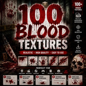 May include: A digital graphic advertisement for 100 blood textures featuring large red dripping text, a blood-stained knife, and a human skull. The image includes icons for PNG files, high resolution, commercial use, and instant download.
