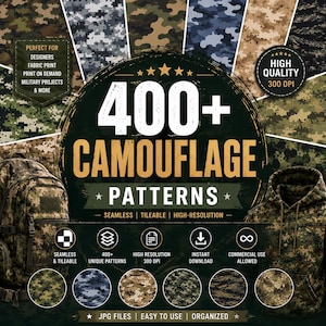 400+ Camouflage Patterns Bundle | Military Digital Papers, Seamless Backgrounds (Commercial Use)