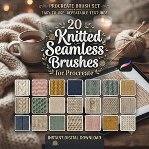 Puede incluir: Un conjunto digital de 20 pinceles de punto sin costuras para Procreate, con una colección de texturas de lana en tonos beige, rosa, mostaza, azul marino y verde salvia, mostrados en una pantalla de tableta con texto y un ovillo de lana.