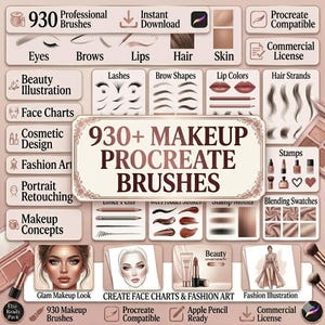 May include: A digital collection of 930+ makeup Procreate brushes featuring various beauty illustration tools including eyes, brows, lips, hair, and skin textures. The set includes stamps, blending swatches, and face charts for cosmetic design.