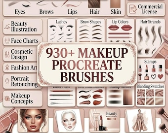 930 Procreate Makeup Pinsel Bündel | Beauty Illustration, Gesichtskarten, Kosmetik Design (Digitaler Download)