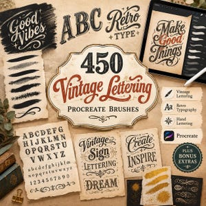Könnte beinhalten: Eine digitale Sammlung von 450 Vintage-Lettering-Procreate-Pinseln mit verschiedenen kalligrafischen Stilen, Alphabetbeispielen, dekorativen Schnörkeln und strukturierten Pinselstrichen auf Papierbögen und einem Tablet.