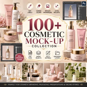 May include: A digital collection of 100+ cosmetic mock-up templates featuring various skincare bottles, tubes, and jars with customizable labels. The display includes Photoshop interface previews, icons for editing features, and product photography.
