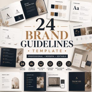 May include: A brand guidelines template featuring 24 pages with a dark navy and gold colour scheme. The layout includes sections for logo variations, colour palettes, typography, brand values, and stationery mockups with the Aurora brand name.