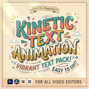 May include: Digital download graphic with the words "KINETIC TEXT ANIMATION" in large, colorful letters. The text is surrounded by decorative elements and the words "VIBRANT TEXT PACK!" and "EASY TO EDIT!" are also included. The image also includes the text "FOR ALL VIDEO EDITORS".