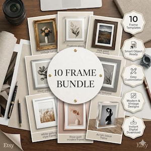 10 Frame Photoshop Templates | Editable PSD Photo Frames, Professional Mockup Bundle, Creative Design Templates