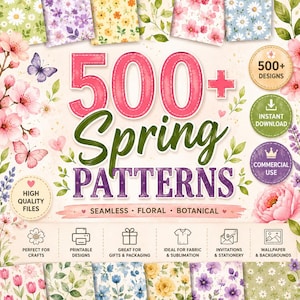 Puede incluir: Una colección digital de 500+ patrones de primavera con diseños florales y botánicos. La imagen muestra varios motivos de flores coloridas, mariposas y vegetación, con texto que indica 500+ Designs, Instant Download y Commercial Use.