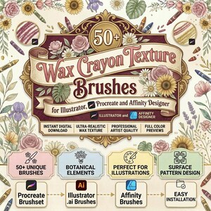 Könnte beinhalten: Eine digitale Produktanzeige für 50+ Wachsmalstift-Texturpinsel für Procreate, Illustrator und Affinity Designer. Die Grafik zeigt florale Illustrationen, Buntstiftsymbole und Textetiketten, die Funktionen wie sofortigen Download und Künstlerqualität beschreiben.