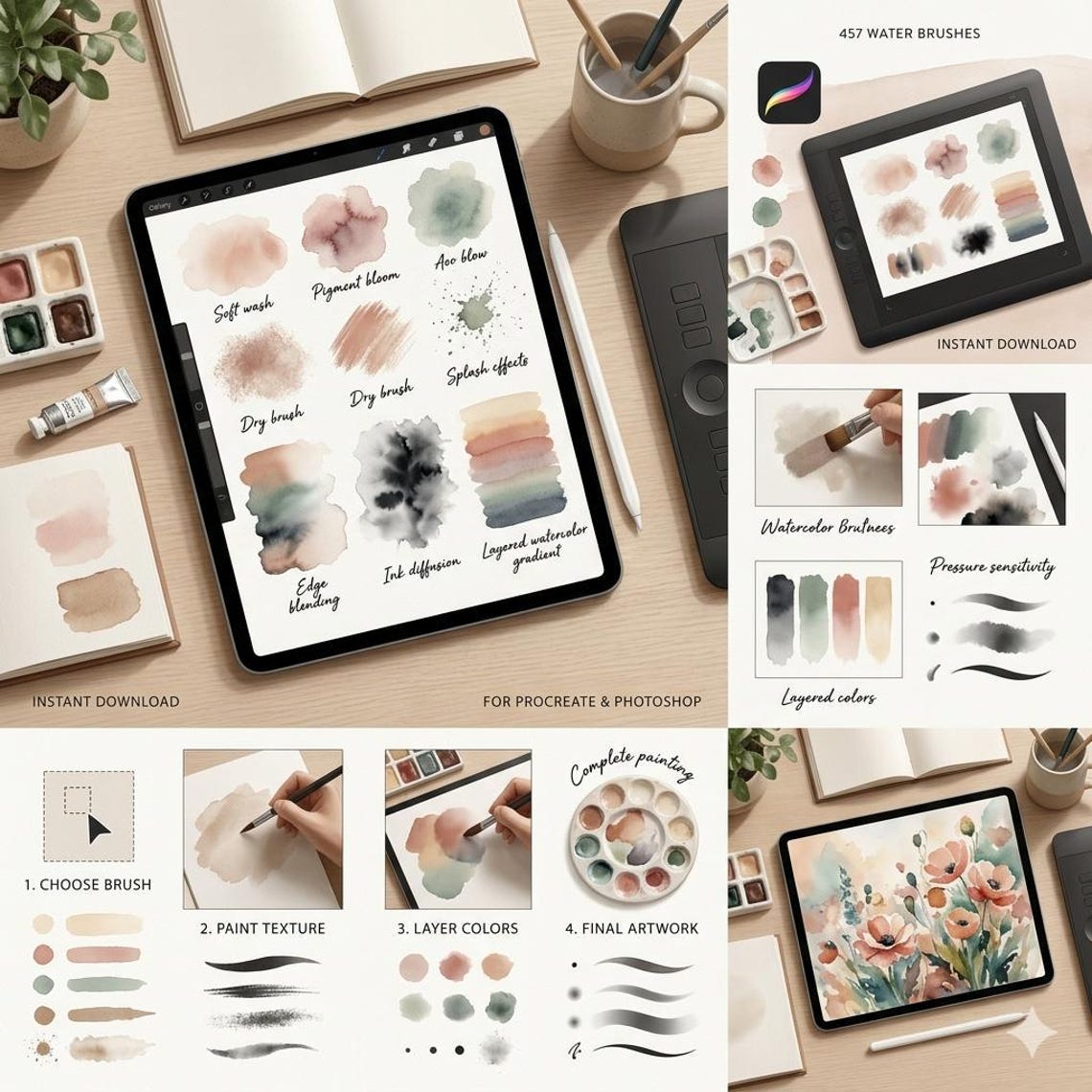 457 Watercolor Procreate Brushes Bundle | Realistic Water Brushes for ...
