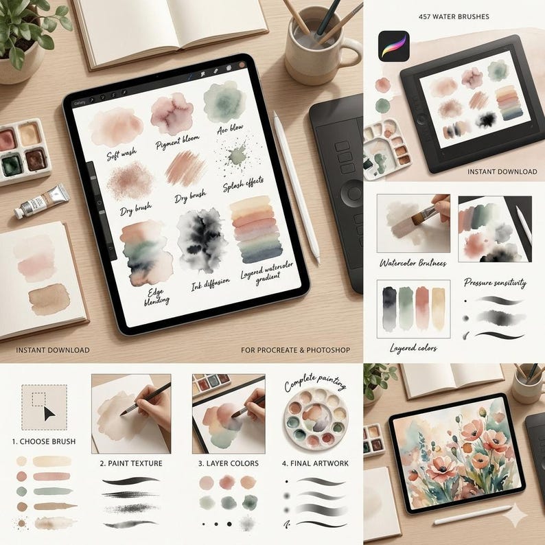 May include: Digital watercolor brushes displayed on a tablet, with examples of brush strokes and effects. The image includes a stylus, paint palettes, and the text "INSTANT DOWNLOAD" and "457 WATER BRUSHES". The overall theme is digital art supplies.
