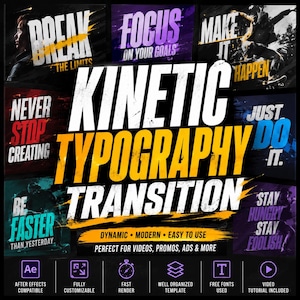 Puede incluir: Un gráfico digital con el texto en negrita KINETIC TYPOGRAPHY TRANSITION en amarillo y blanco. Rodeando esto hay paneles más pequeños con frases como BREAK THE LIMITS, FOCUS ON YOUR GOALS, MAKE IT HAPPEN, NEVER STOP CREATING y BE FASTER.