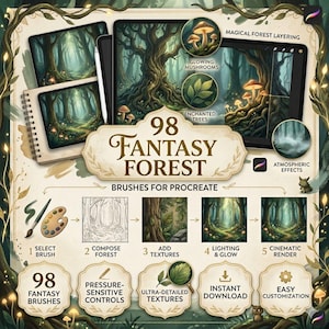 May include: An advertisement for 98 Fantasy Forest brushes for Procreate. The image features a digital forest scene with glowing mushrooms and enchanted trees. The text includes "Magical Forest Layering" and "Atmospheric Effects."