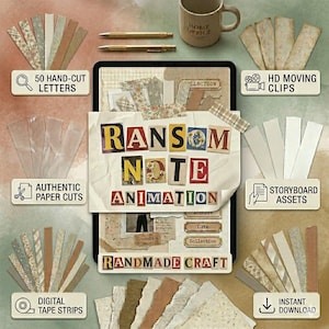 Puede incluir: Composición de arte digital con una tableta que muestra "Ransom Note Animation" y varios suministros de manualidades. Incluye 50 letras cortadas a mano, cortes de papel auténticos, tiras de cinta digital y activos de guion gráfico.