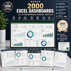 Pode incluir: Gráfico digital mostrando 2000 painéis do Excel com modelos financeiros. A imagem exibe gráficos e visualizações de dados para análise de negócios e finanças. Inclui o texto "Download instantâneo" e "Compatível com Google Sheets."