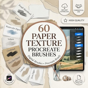 May include: A digital product set featuring 60 paper texture Procreate brushes, displayed with sample swatches labeled as rough sketchbook, linen, watercolor paper, vellum, cardstock, recycled paper, canvas, and torn edges, alongside a tablet screen.
