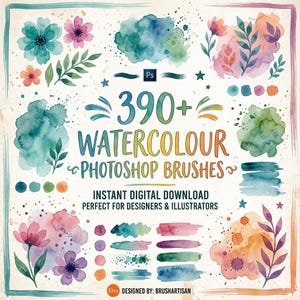 Op de afbeelding: Een digitale collectie van 390+ aquarel Photoshop-penselen met diverse bloemillustraties, abstracte verfspatten en kleurstalen in blauw, groen, roze en oranje, met de tekst 390+ WATERCOLOUR PHOTOSHOP BRUSHES.