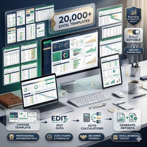 May include: A digital mockup showcasing a suite of Excel templates for business and finance. The image features a desktop computer, laptop, and tablet displaying various charts and spreadsheets. Text includes "20,000+ Excel Templates", "Business & Finance Ready", and "Instant Download".