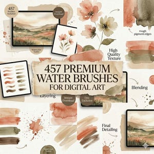 May include: Digital art product showcasing watercolor brushes. The image features a variety of watercolor textures, brush strokes, and landscape art examples. Text on the image reads "457 Premium Water Brushes for Digital Art". The color palette includes earthy tones.