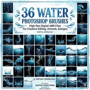 Könnte beinhalten: Eine digitale Sammlung von 36 Photoshop-Pinseln zum Thema Wasser mit verschiedenen Spritzern, Tropfen und Wellen. Das Bild zeigt ein Raster aus 36 einzelnen blauen Wassereffekten, beschriftet mit Brush 1 bis 36, und dem Text 36 WATER PHOTOSHOP BRUSHES.
