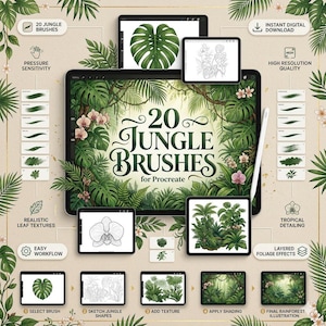 Puede incluir: Un anuncio de pinceles de arte digital. La imagen presenta varias tabletas que muestran ilustraciones con temas de la jungla y el texto "20 Jungle Brushes for Procreate". Texto adicional destaca características como "Realistic Leaf Textures" y "Easy Workflow".