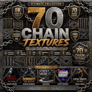 Puede incluir: Una colección digital de 70 texturas de cadenas en formato PNG, con calidad de alta resolución 8K. El gráfico muestra varios patrones de cadenas metálicas, iconos en forma de escudo y ejemplos de uso para portadas de álbumes y branding.