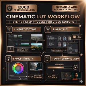 May include: A graphic with a dark background and gold accents, detailing a cinematic LUT workflow for video editors. It includes steps for importing footage, applying LUTs, adjusting intensity, and exporting. Text includes "12000 Professional LUTs" and "Compatible with All Major Editors."