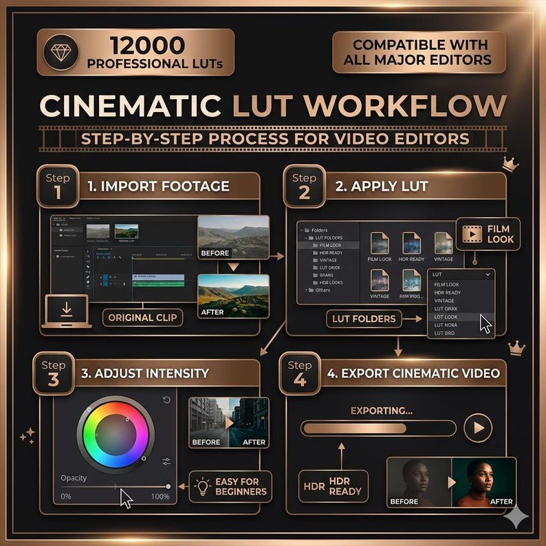 May include: A graphic with a dark background and gold accents, detailing a cinematic LUT workflow for video editors. It includes steps for importing footage, applying LUTs, adjusting intensity, and exporting. Text includes "12000 Professional LUTs" and "Compatible with All Major Editors."