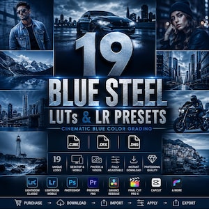 May include: A digital collection of 19 Blue Steel LUTs and LR Presets for cinematic blue color grading. The graphic features the text 19 BLUE STEEL LUTs & LR PRESETS, file icons for .CUBE, .DRX, .DNG, and logos for software like Lightroom and Photoshop.