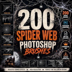 May include: A digital collection of 200 spider web Photoshop brushes featuring white cobweb designs on a black background. The text reads 200 SPIDER WEB PHOTOSHOP BRUSHES, with icons for Photoshop compatibility, ABR file, commercial use, and instant download.