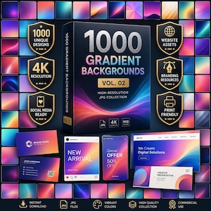 May include: A digital product box labelled 1000 GRADIENT BACKGROUNDS VOL. 02, surrounded by various colourful gradient swatches and gold shield icons. The box displays text including HIGH-RESOLUTION JPG COLLECTION, 4K, and RGB COLOUR.
