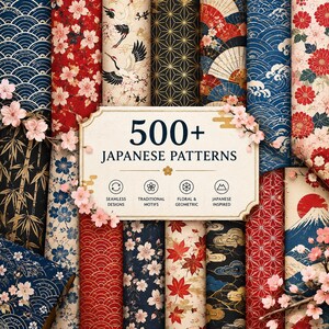 Pode incluir: Uma coleção de vários padrões de inspiração japonesa com motivos florais, geométricos e naturais, exibidos como rolos verticais. Uma placa central diz 500+ JAPANESE PATTERNS com ícones para designs sem costura, motivos tradicionais.