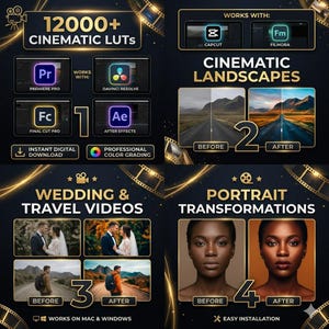 May include: A promotional graphic with the text "12000+ CINEMATIC LUTS" and software logos. It showcases before-and-after examples for cinematic landscapes, wedding videos, and portrait transformations. Includes "Instant Digital Download".