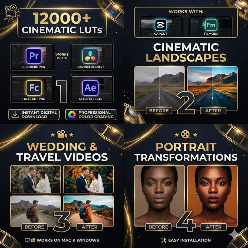 May include: A promotional graphic with the text "12000+ CINEMATIC LUTS" and software logos. It showcases before-and-after examples for cinematic landscapes, wedding videos, and portrait transformations. Includes "Instant Digital Download".