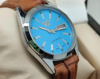 Montre Seiko 5 vintage automatique remise à neuf avec cadran bleu jour date bracelet marron montre-bracelet pour homme