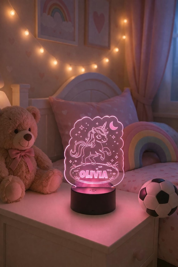 Personalised Unicorn LED Night Light, Custom Name Lamp, Girls Bedroom Decor