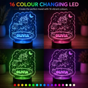 May include: A colour-changing LED night light with a unicorn design. The light displays the name "OLIVIA" and the text "16 COLOUR CHANGING LED". The lamp cycles through various colours, creating a vibrant and decorative effect for a child's room.