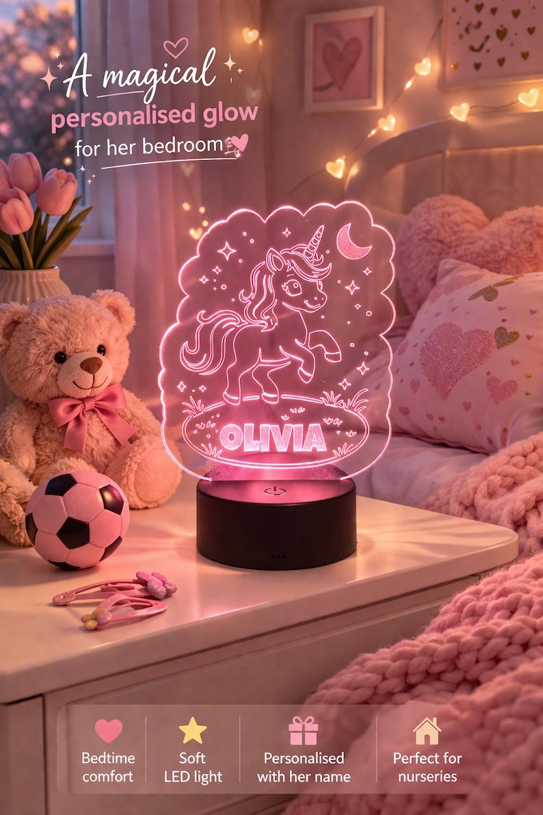 May include: A pink unicorn night light with the name "Olivia" illuminated. The light sits on a black base. The text "A magical personalised glow for her bedroom" is displayed. Ideal for a child's bedroom.