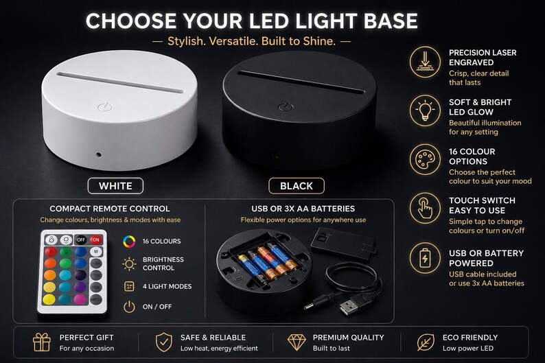 May include: Image of two LED light bases, one white and one black, with a slot for an acrylic insert. Features include a remote control, 16 colour options, and USB or battery power. The text reads "Choose Your LED Light Base". The bases are round.