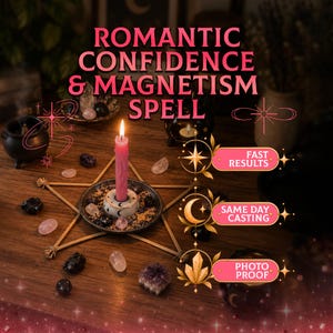 May include: A pink candle in a ceramic holder sits at the center of a wooden pentagram surrounded by various crystals. Text reads: ROMANTIC CONFIDENCE & MAGNETISM SPELL, FAST RESULTS, SAME DAY CASTING, and PHOTO PROOF, accompanied by star and moon icons.