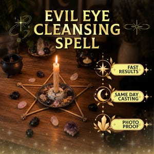 Könnte beinhalten: Eine brennende Kerze steht in einem runden Halter in der Mitte eines hölzernen Pentagramms. Um sie herum liegen verschiedene Kristalle und ein kleiner schwarzer Kessel. Der Text lautet: EVIL EYE CLEANSING SPELL, FAST RESULTS, SAME DAY CASTING, PHOTO PROOF.