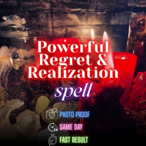 Może przedstawiać: Obraz z płonącymi czerwonymi świecami i tekstem "Powerful Regret & Realization spell". Ikony wskazują na dowód fotograficzny, tego samego dnia i szybkie wyniki. Tło jest ciemne.