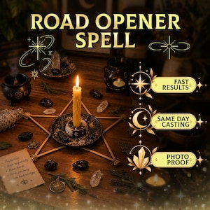 Puede incluir: Una vela amarilla en un soporte circular se sitúa en el centro de un pentagrama de madera. La imagen incluye el texto ROAD OPENER SPELL, FAST RESULTS, SAME DAY CASTING, PHOTO PROOF y Protection from negativity, harm, jealousy, and bad energy.